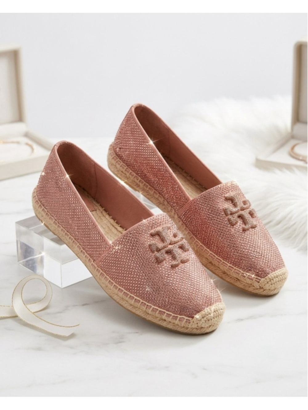 TORY BURCH Women Dusty Rose Everly Leather Rhinestone Espadrille Size 9.5 NWOB